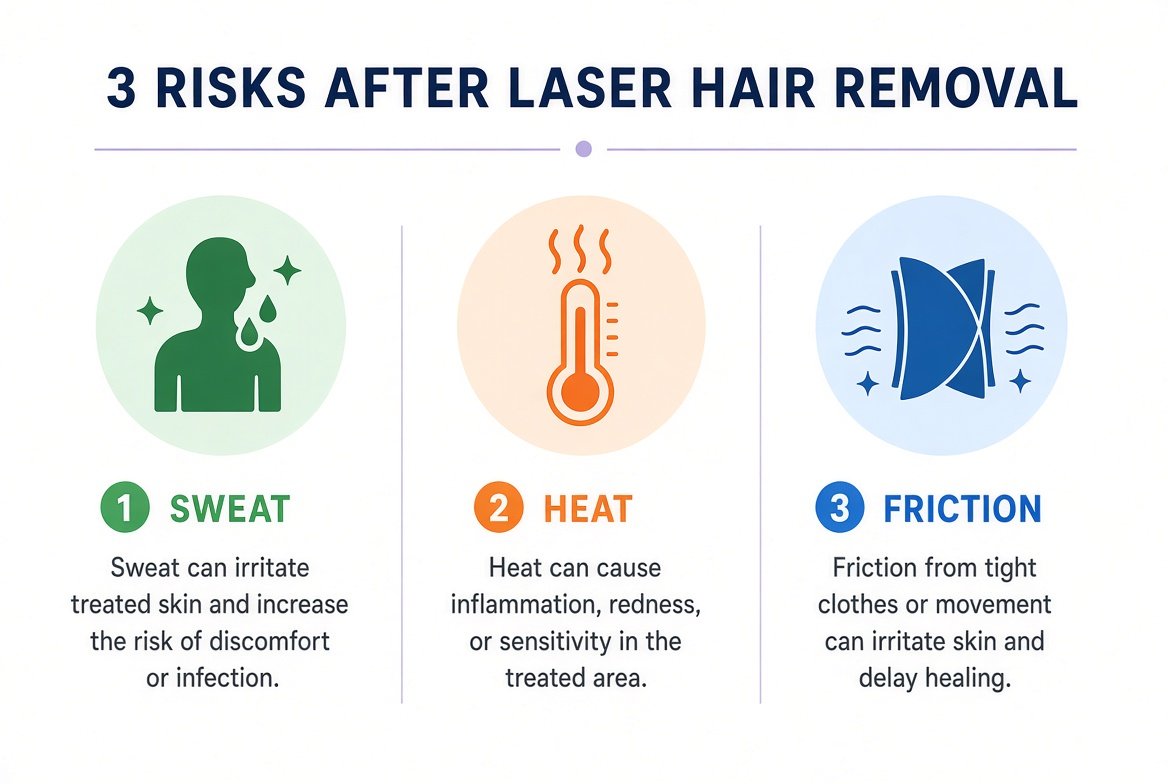 Illustration showing three risks after laser hair removal: sweat, heat, and friction
