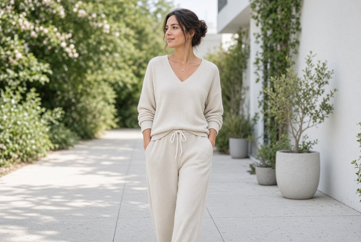 Woman doing gentle outdoor walking in loose clothing after laser hair removal
