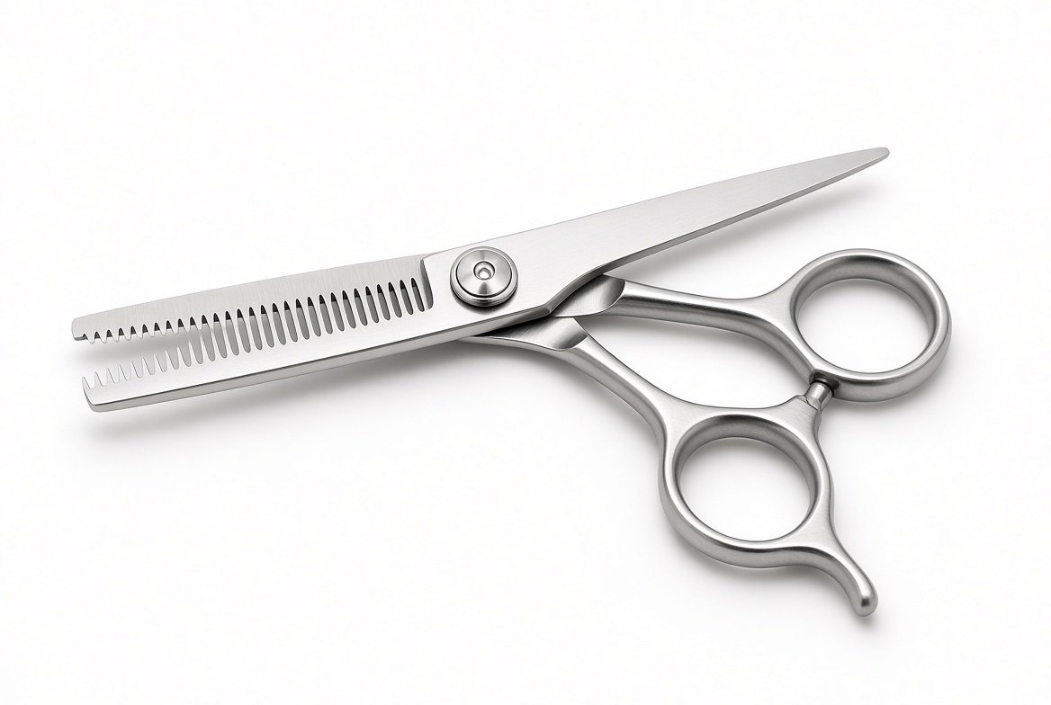 Professional stainless steel blending shears with fine teeth on one blade shown open against white background