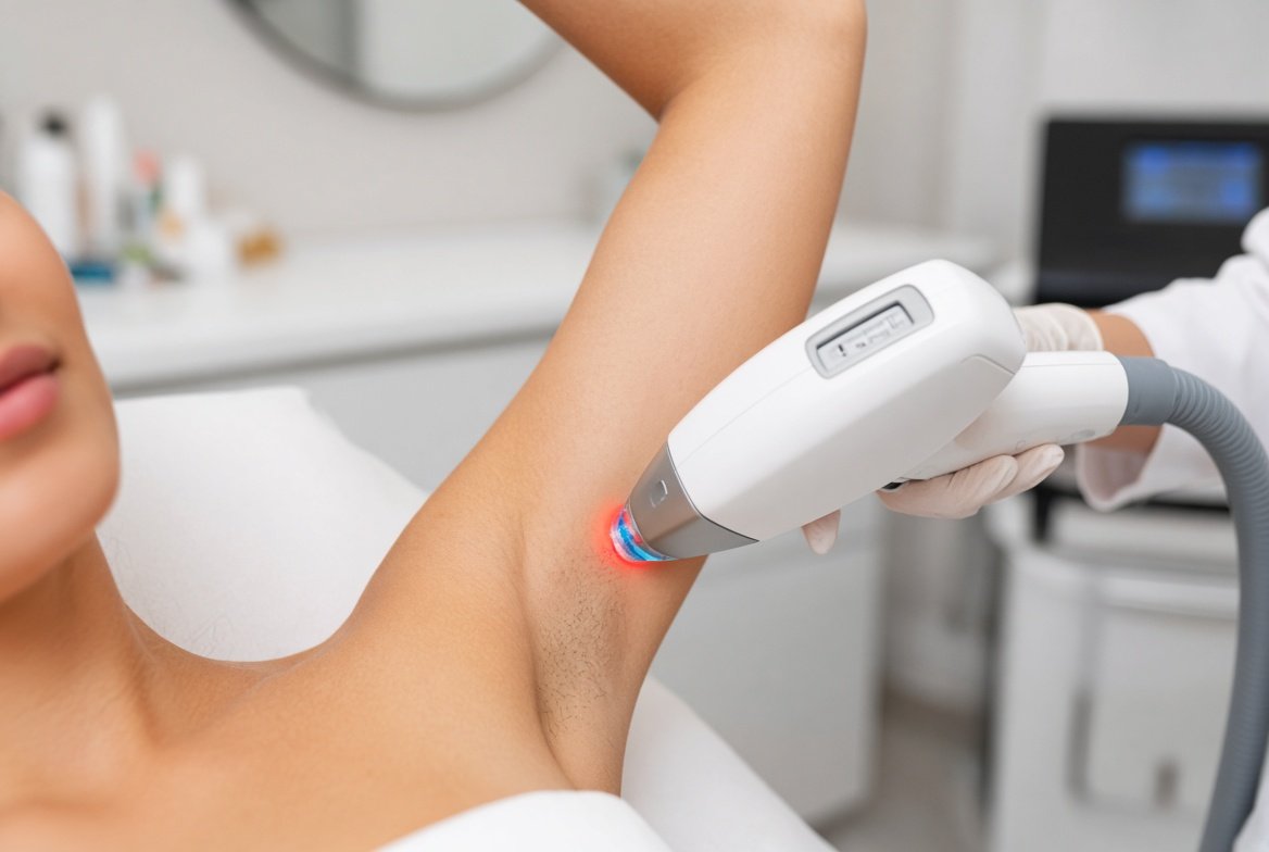 Professional laser hair removal treatment on underarm with cooling handpiece in a modern clinic