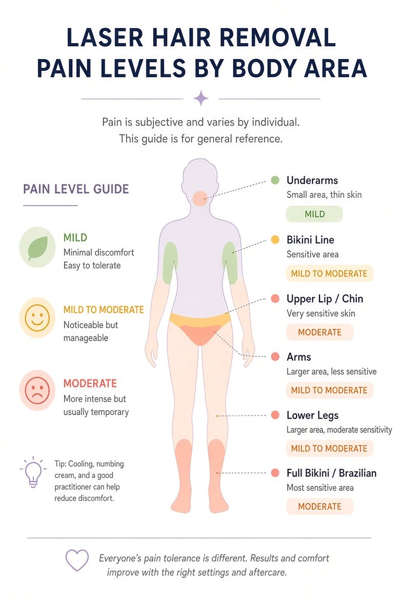 Educational chart showing laser hair removal pain levels by body area from mild to moderate