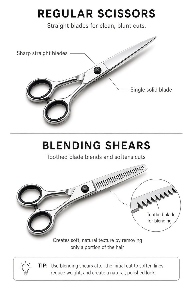 Educational comparison of regular scissors with solid blades versus blending shears with toothed blade for soft texture