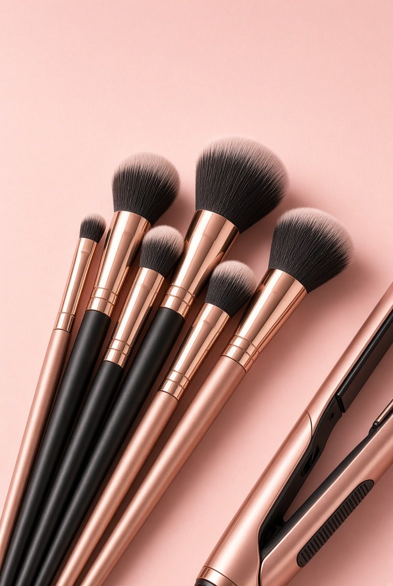 Makeup brushes and beauty tools laid out