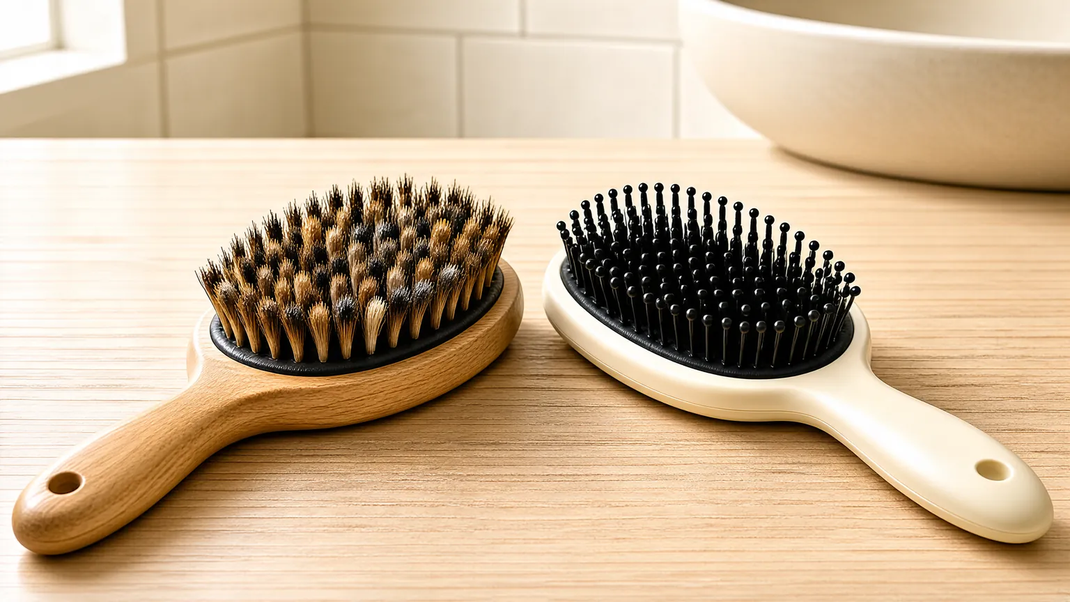 Boar bristle and nylon hair brushes side by side on a counter
