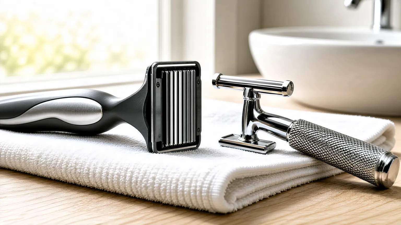 Cartridge razor and safety razor side by side on a bathroom towel