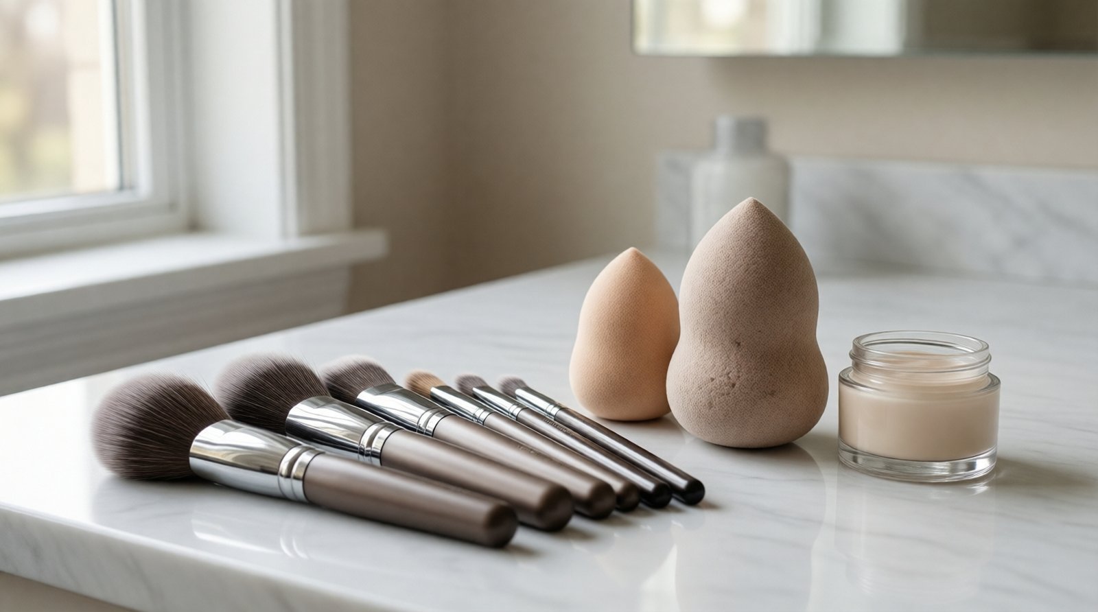 Clean makeup brushes and sponges arranged on white marble vanity