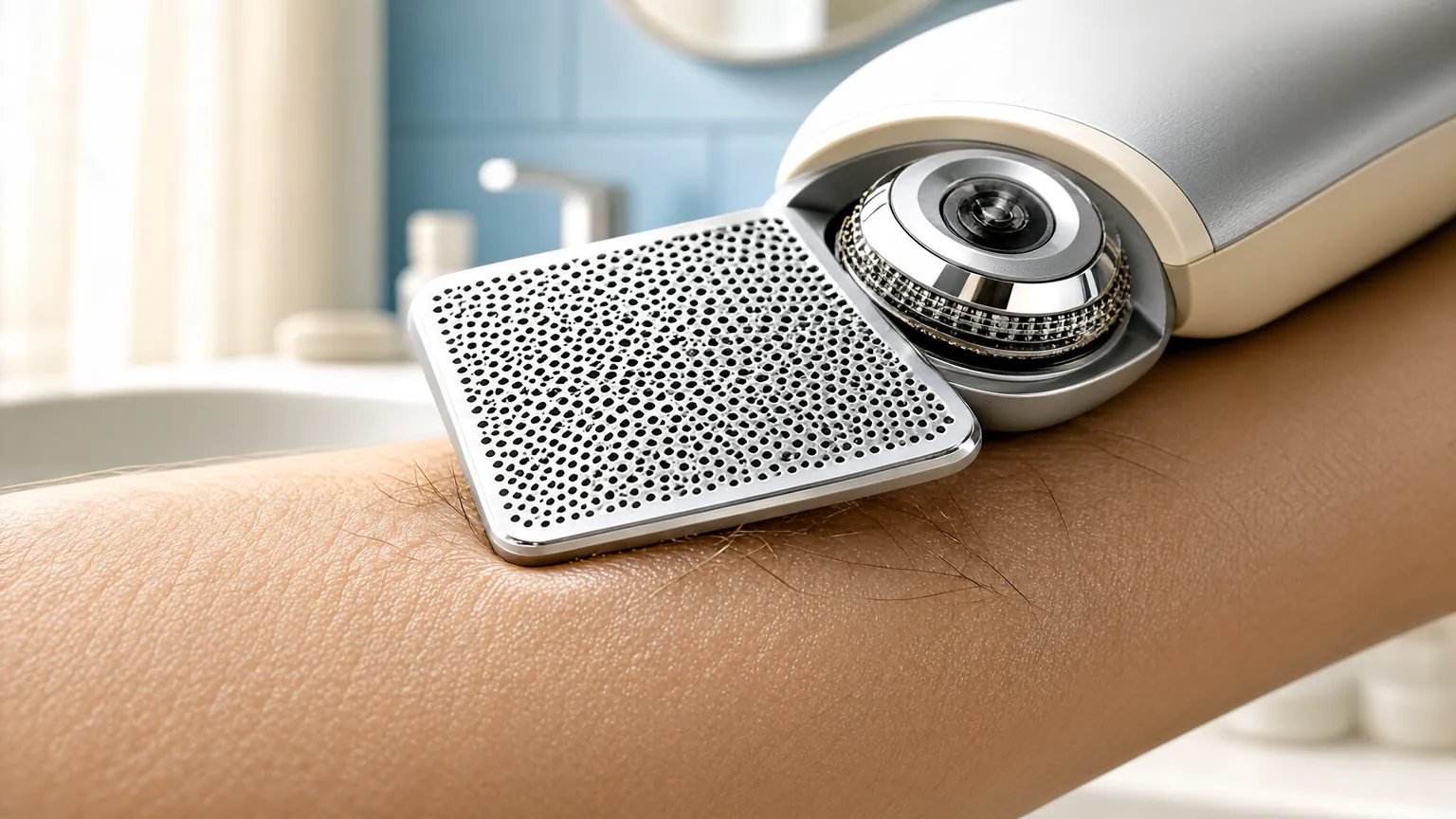 Close-up of electric shaver foil and rotary heads cutting hair at skin level