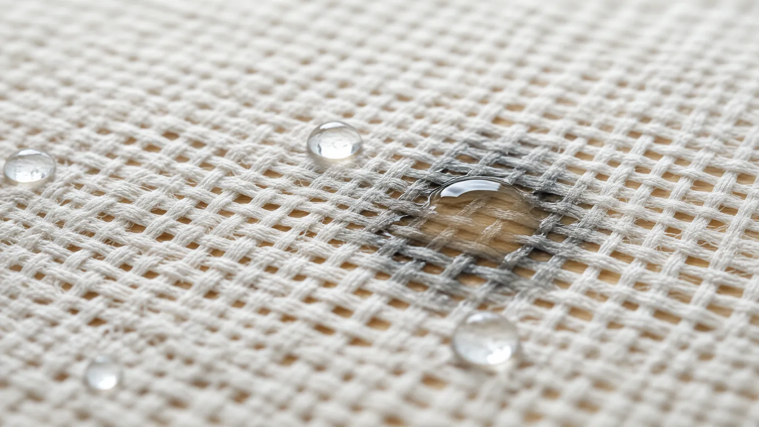 Close-up of loose muslin weave with water soaking through the fabric