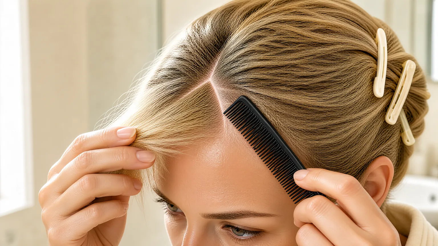 Comb sectioning a triangle of front hair to cut your own bangs