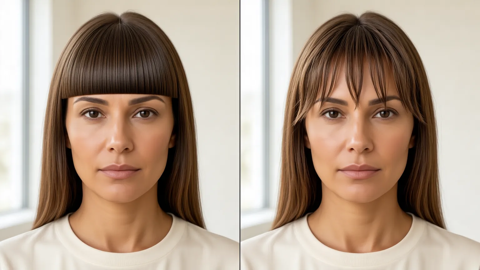 Blunt cut bangs compared with point cut bangs on the same woman