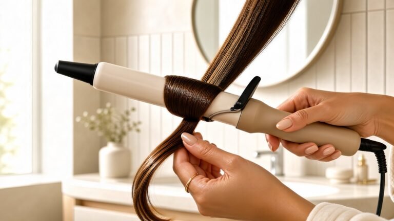 Curling iron held beside healthy hair in a bright bathroom