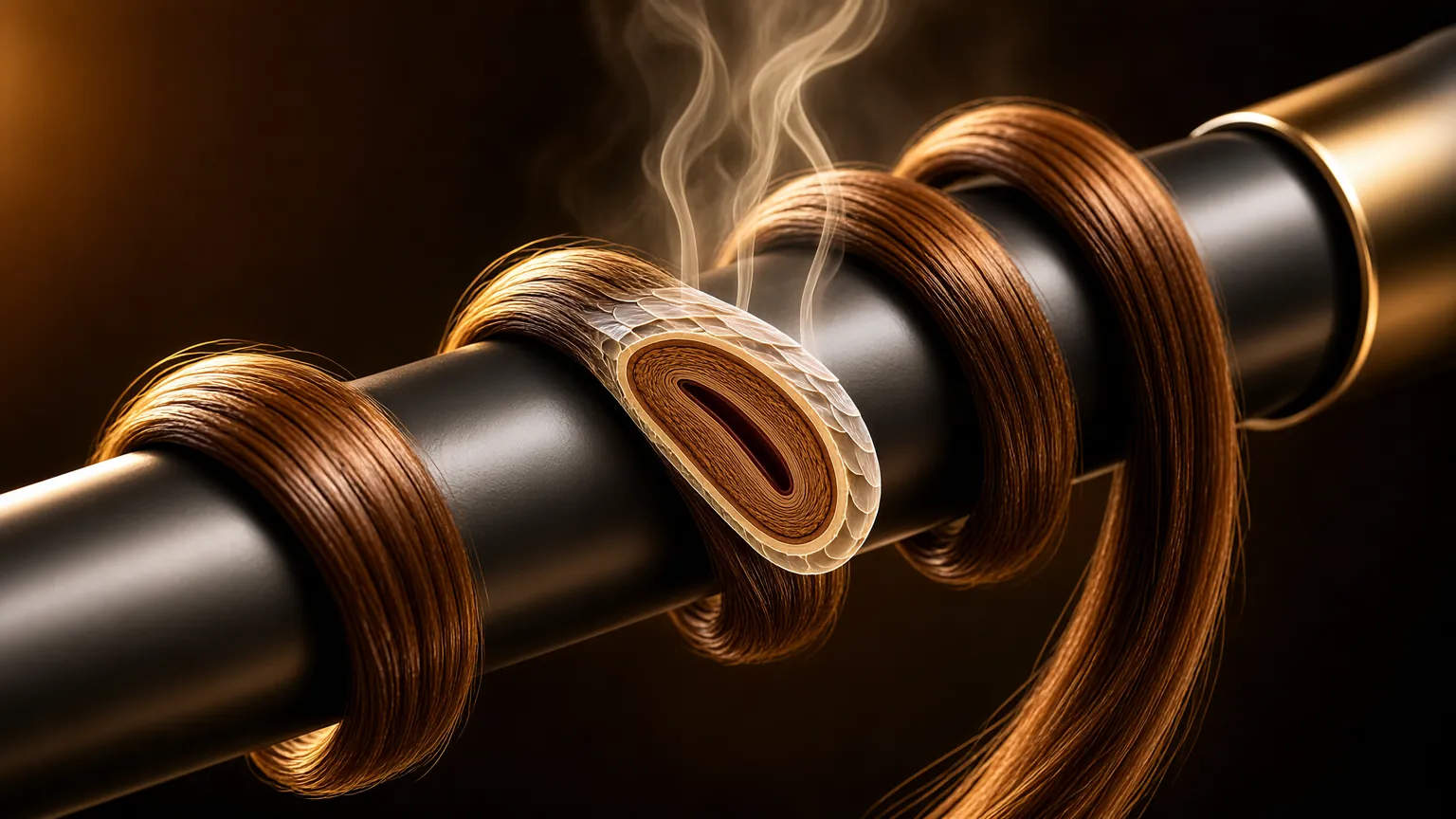 Curling iron styling a strand of hair with steam rising