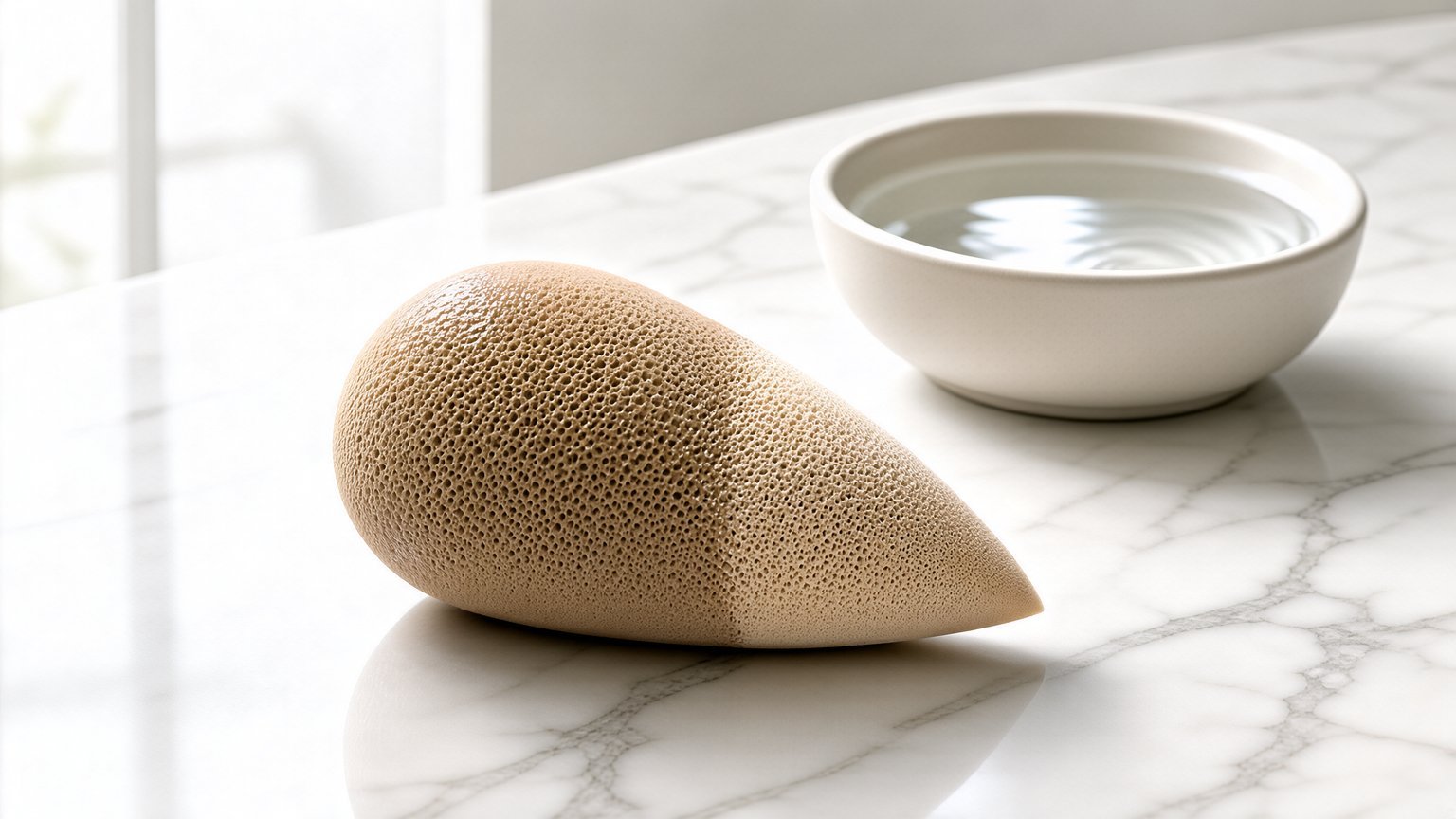 Damp and dry beauty sponge on marble bathroom counter in soft light