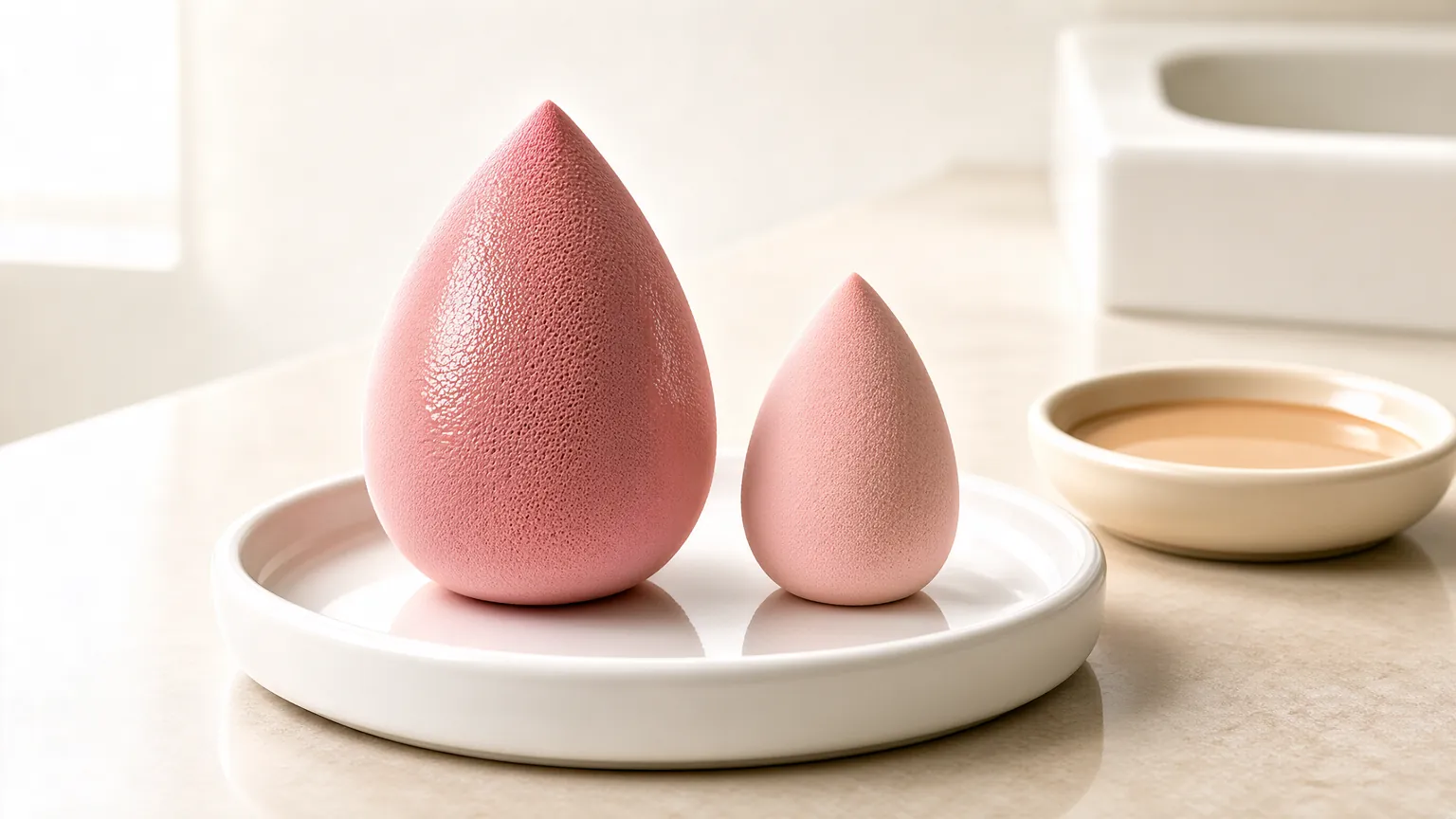 Damp and dry beauty sponges side by side on a ceramic dish