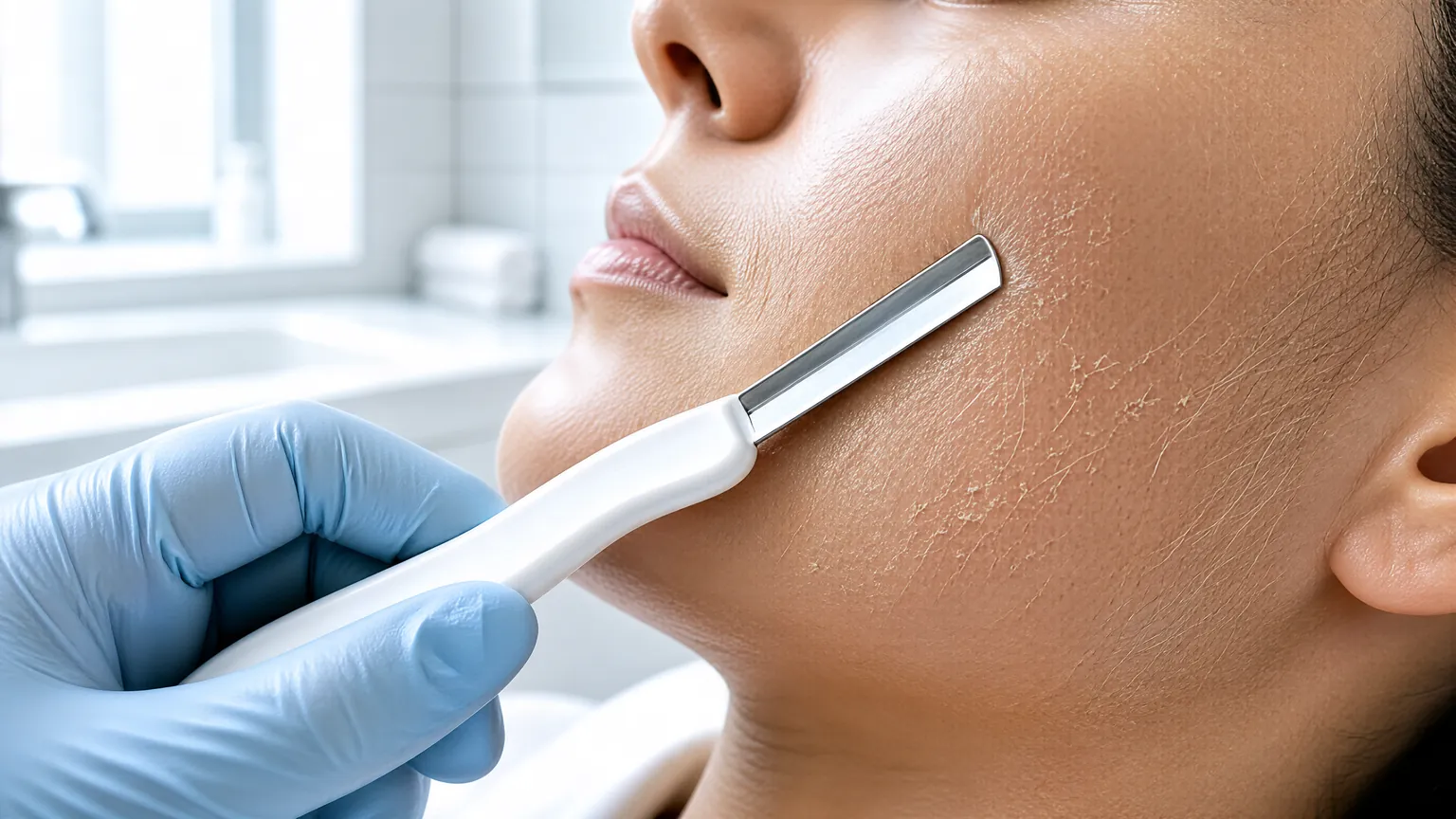 Dermaplaning blade gliding across taut dry skin to remove peach fuzz