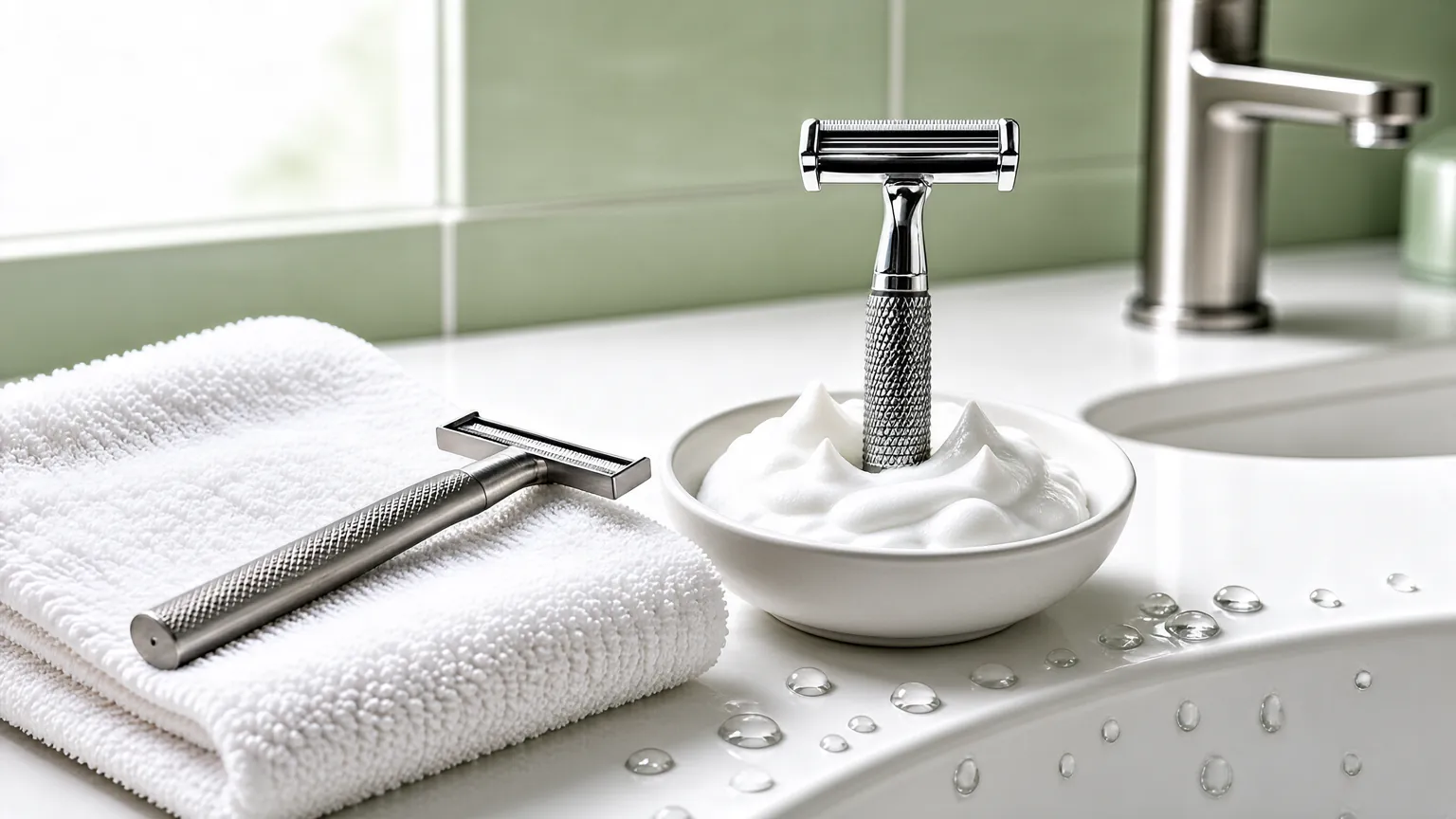 Dermaplaning tool on a dry towel next to a razor and shaving cream