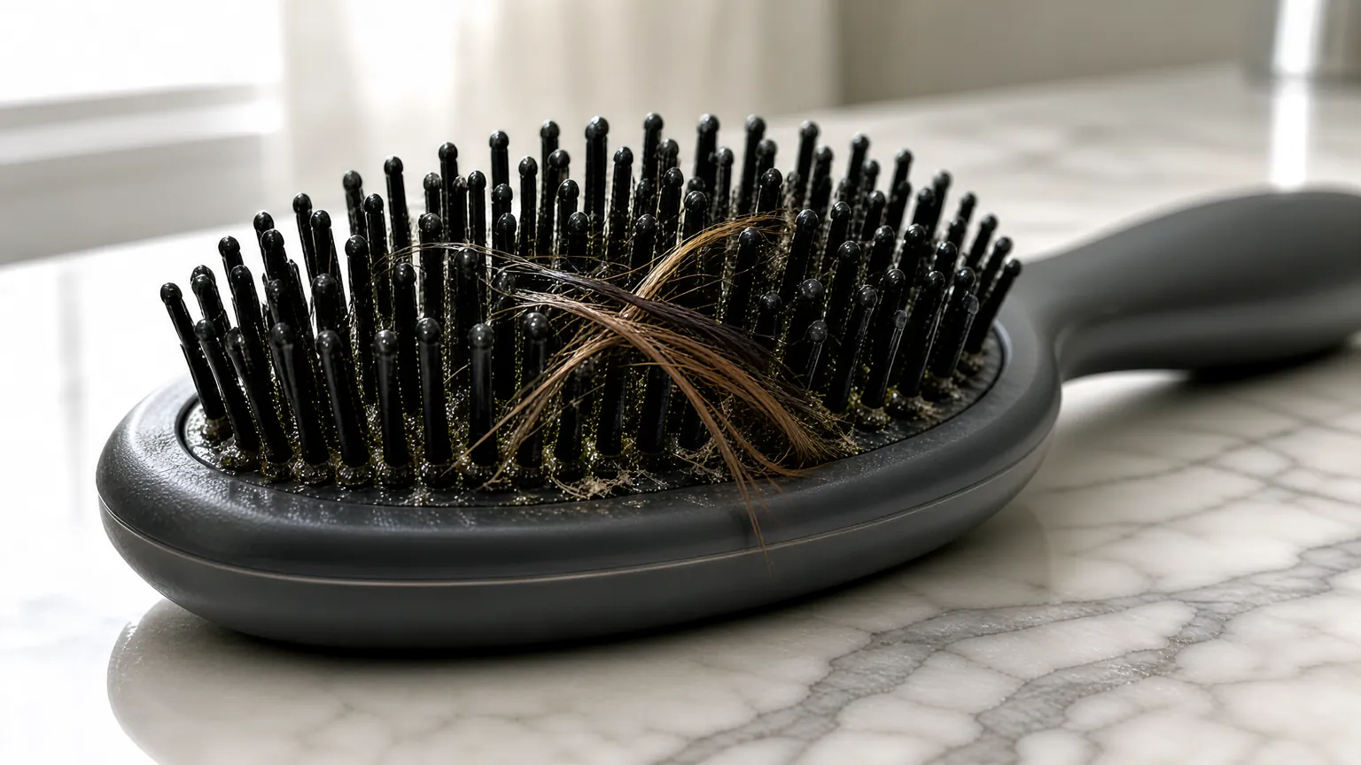Dirty hair brush with oily build-up and trapped strands