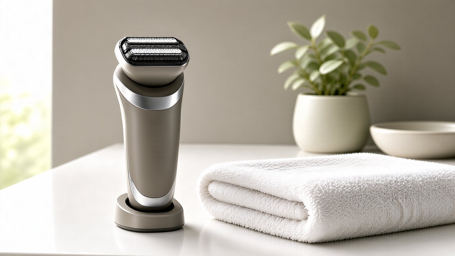 Electric shaver on bathroom counter ready for face and bikini line grooming