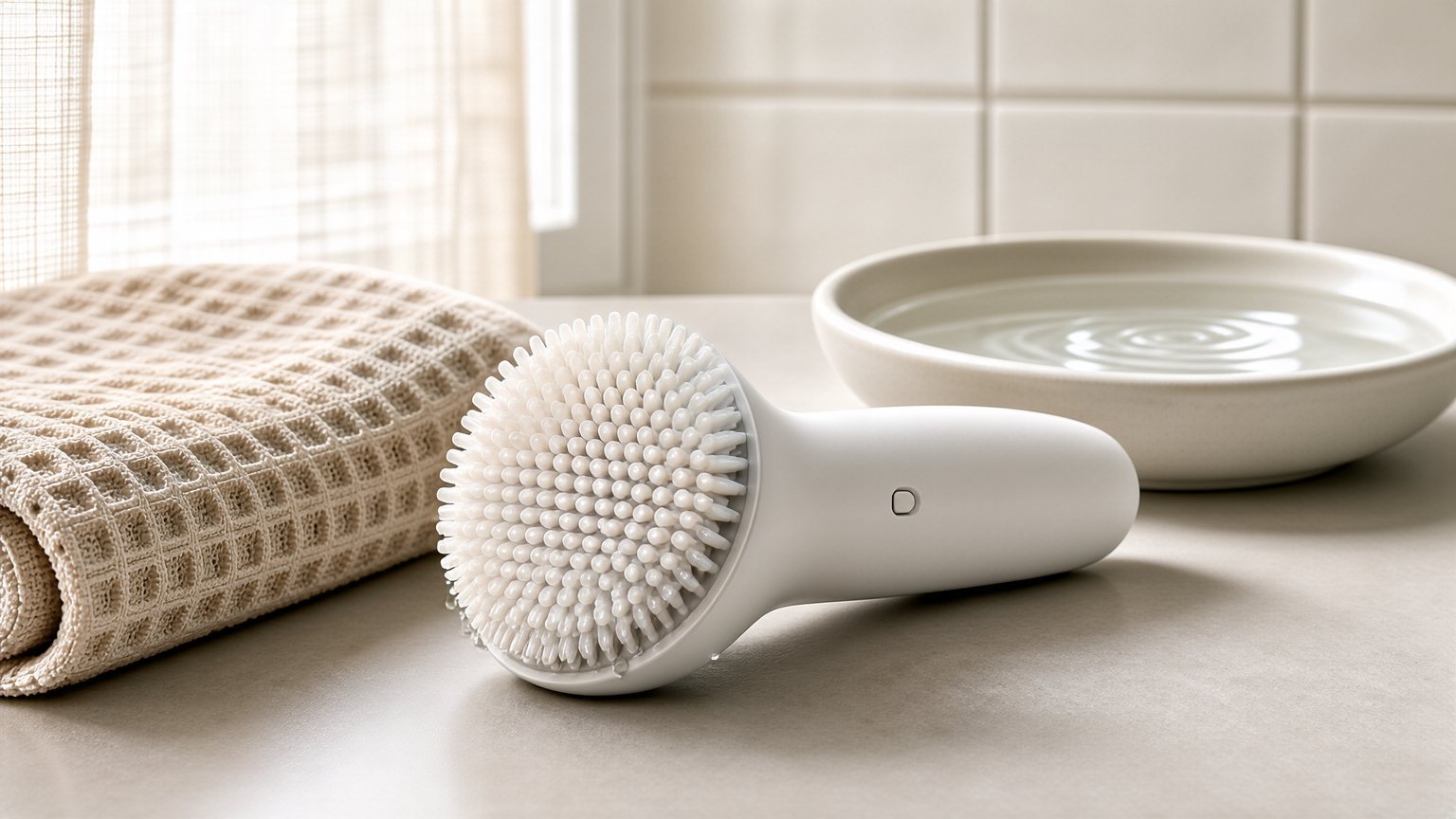 Facial cleansing brush on a bathroom counter in soft daylight
