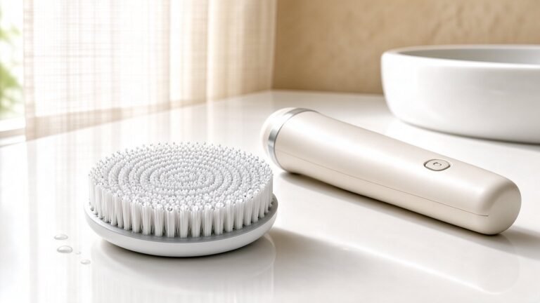 Facial cleansing brush head resting on a bathroom counter in soft daylight