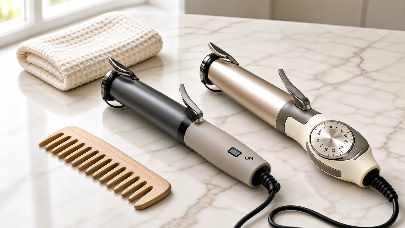 Fixed and adjustable curling irons compared on a marble countertop