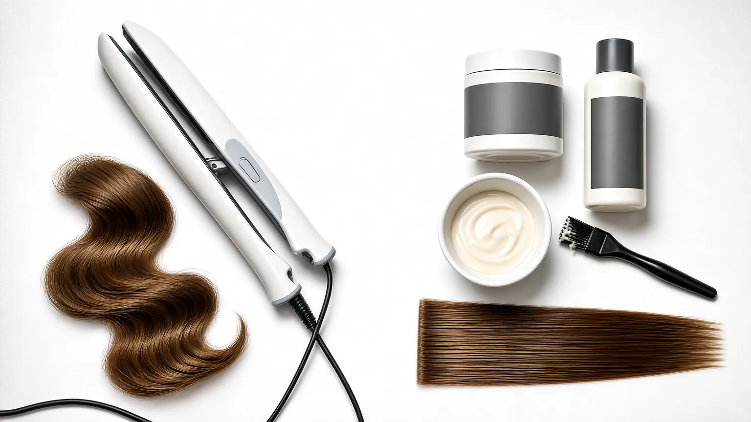 Flat iron and chemical relaxer kit side by side on a white surface