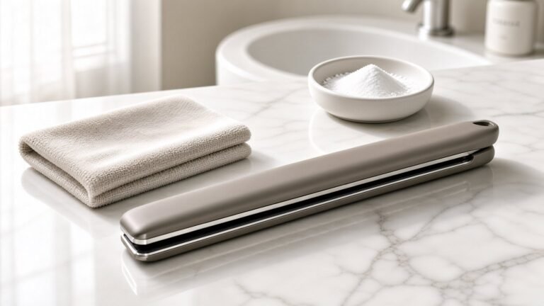 Flat iron on marble counter with cleaning cloth and baking soda