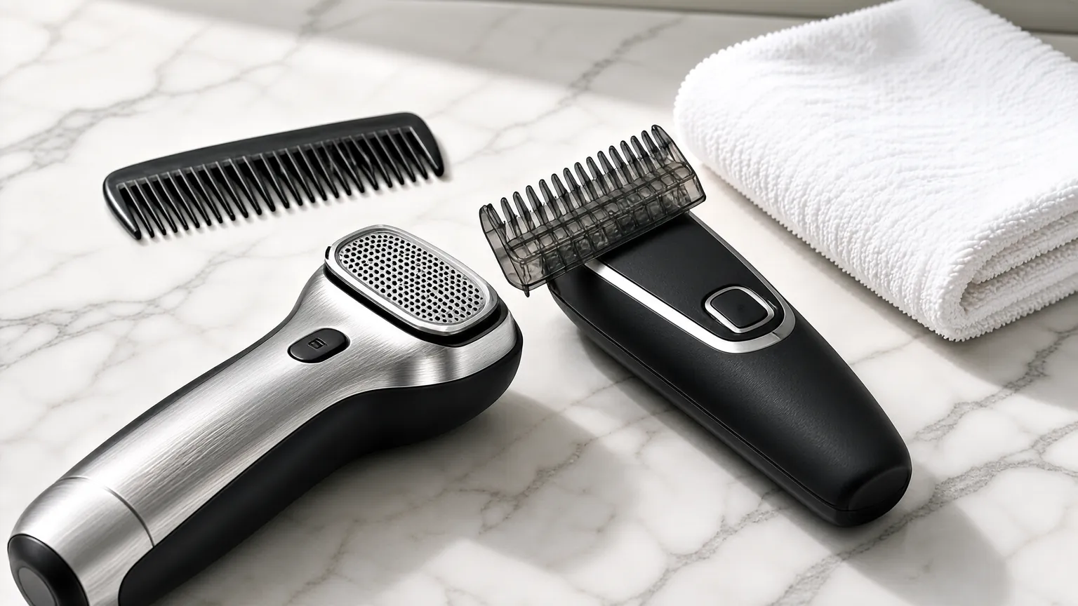 Foil shaver and guarded trimmer side by side showing different grooming jobs