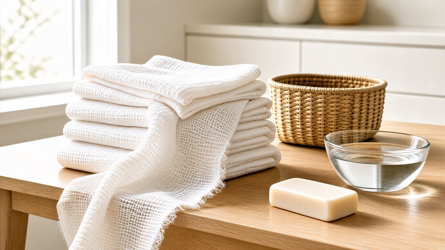 Folded muslin cloths stacked on a wooden table in a bright laundry room