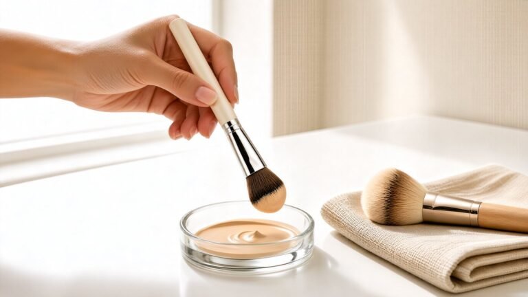 Foundation brush with concealer on a clean vanity table