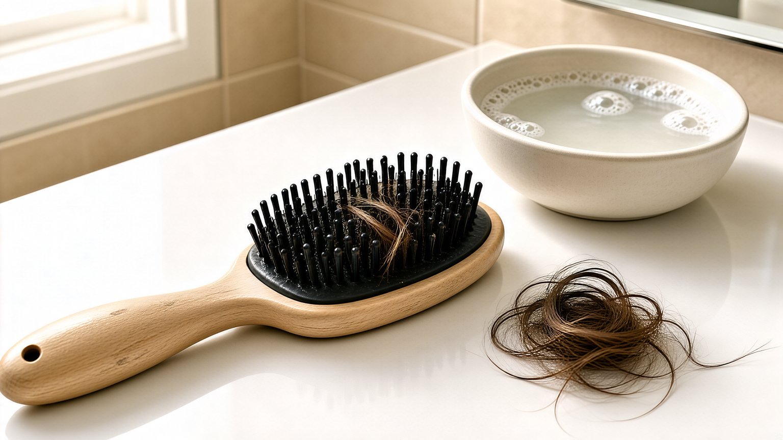 Hair brush on bathroom counter beside bowl of soapy water