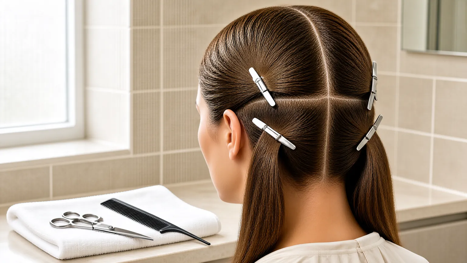 Hair clipped into sections ready to cut a bob at home