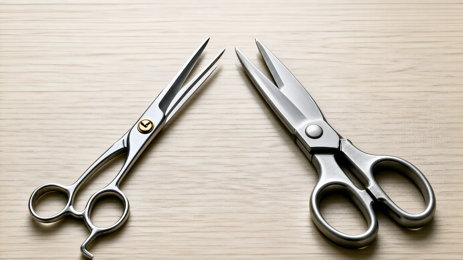 Hair shears and craft scissors compared on a wooden table