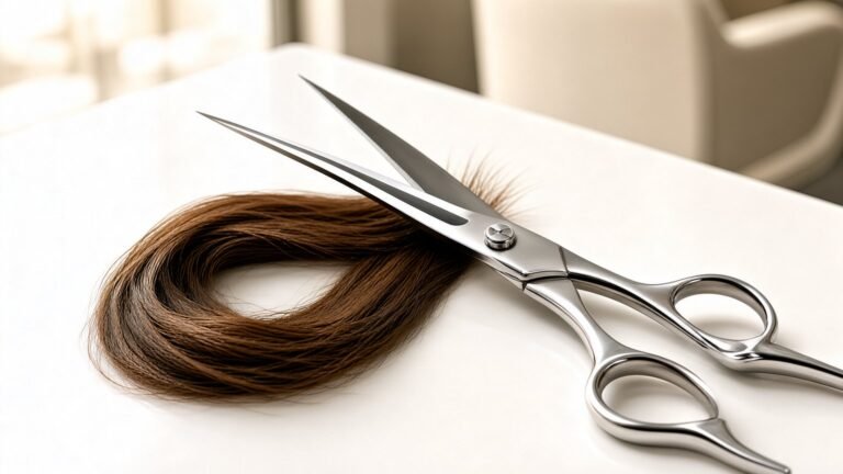 Hair shears and loose brown hair on a salon counter