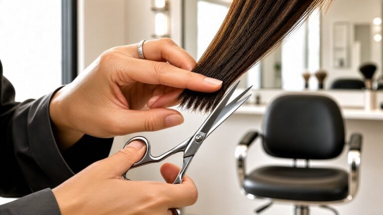 Hairstylist point cutting hair ends with scissors in a bright salon