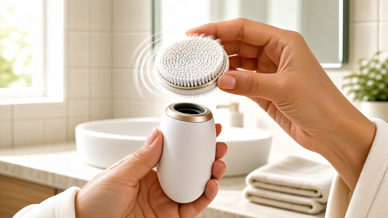 Handheld facial cleansing brush with a bristled head in a bright bathroom