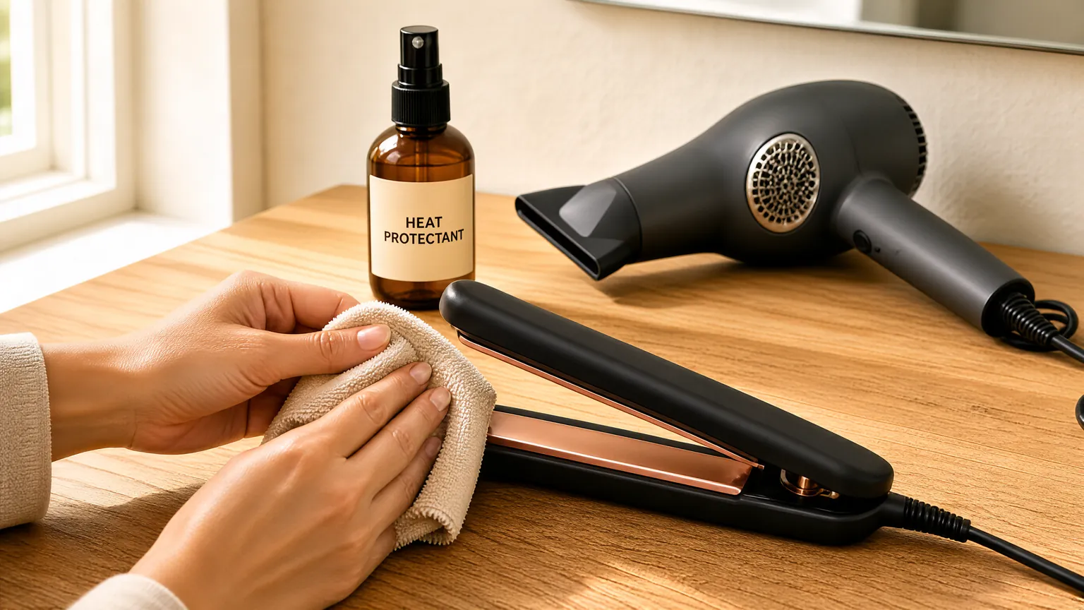Hands wiping flat iron plates with a cloth on a bathroom counter
