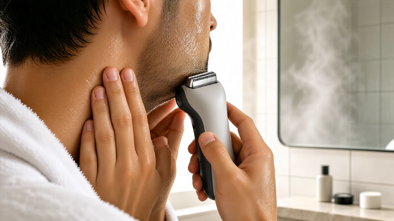 Hands gliding an electric shaver along a jawline after a warm shower