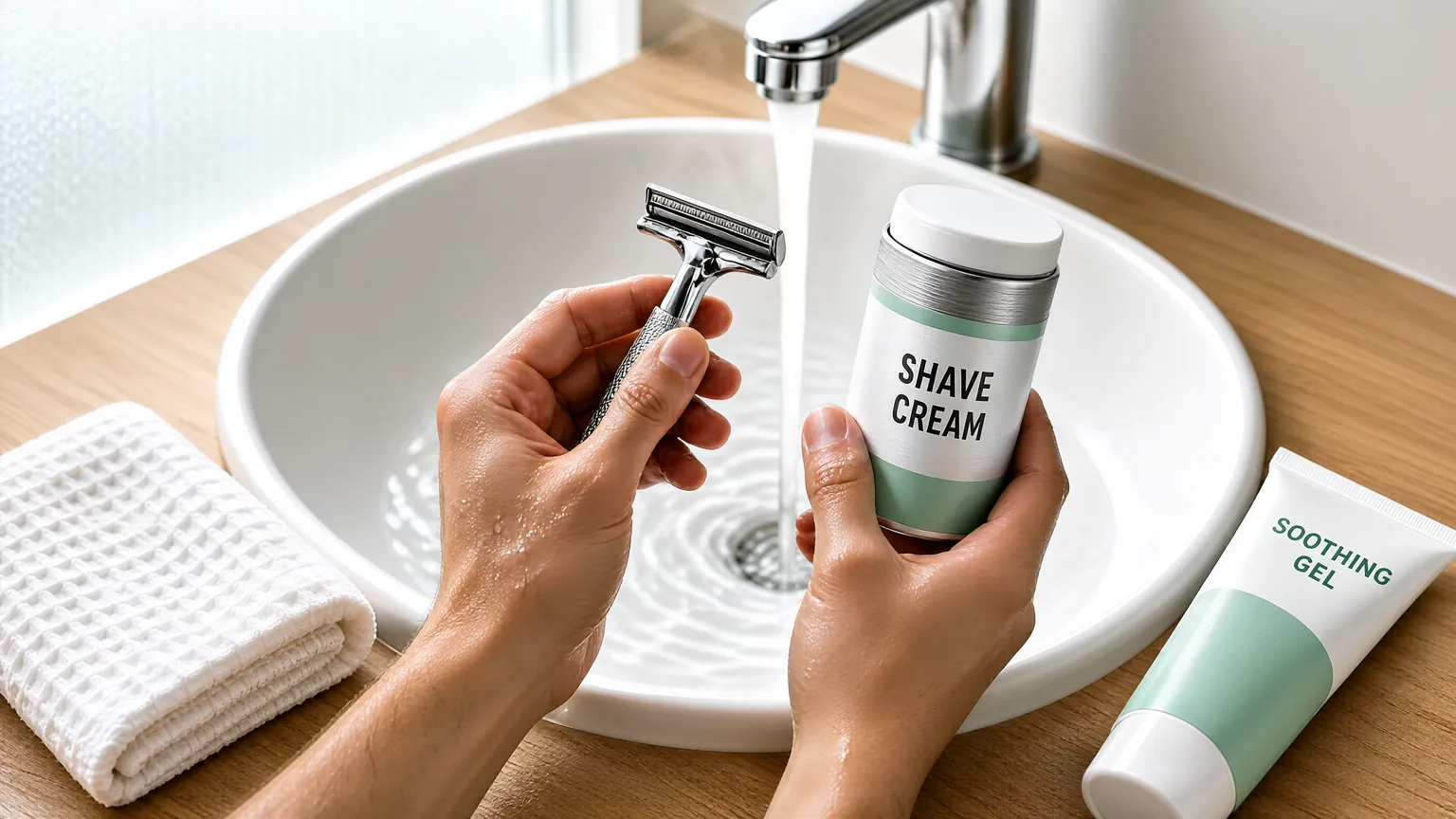 Hands holding a razor and shaving cream over a bathroom sink