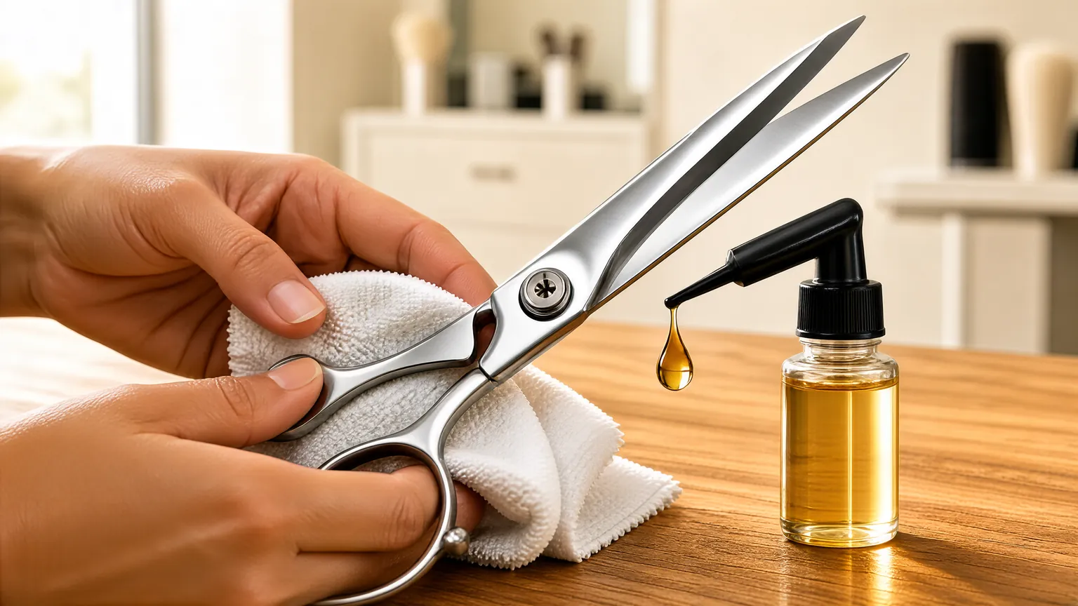 Hands oiling and wiping hair shears at a wooden station