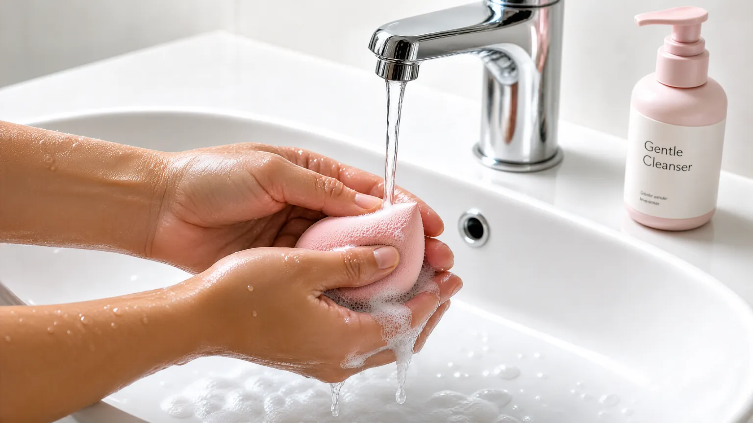 Hands rinsing a beauty sponge under running water at a sink