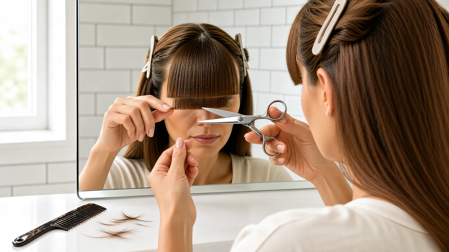 Hands trimming bangs with scissors and a comb in a bright bathroom