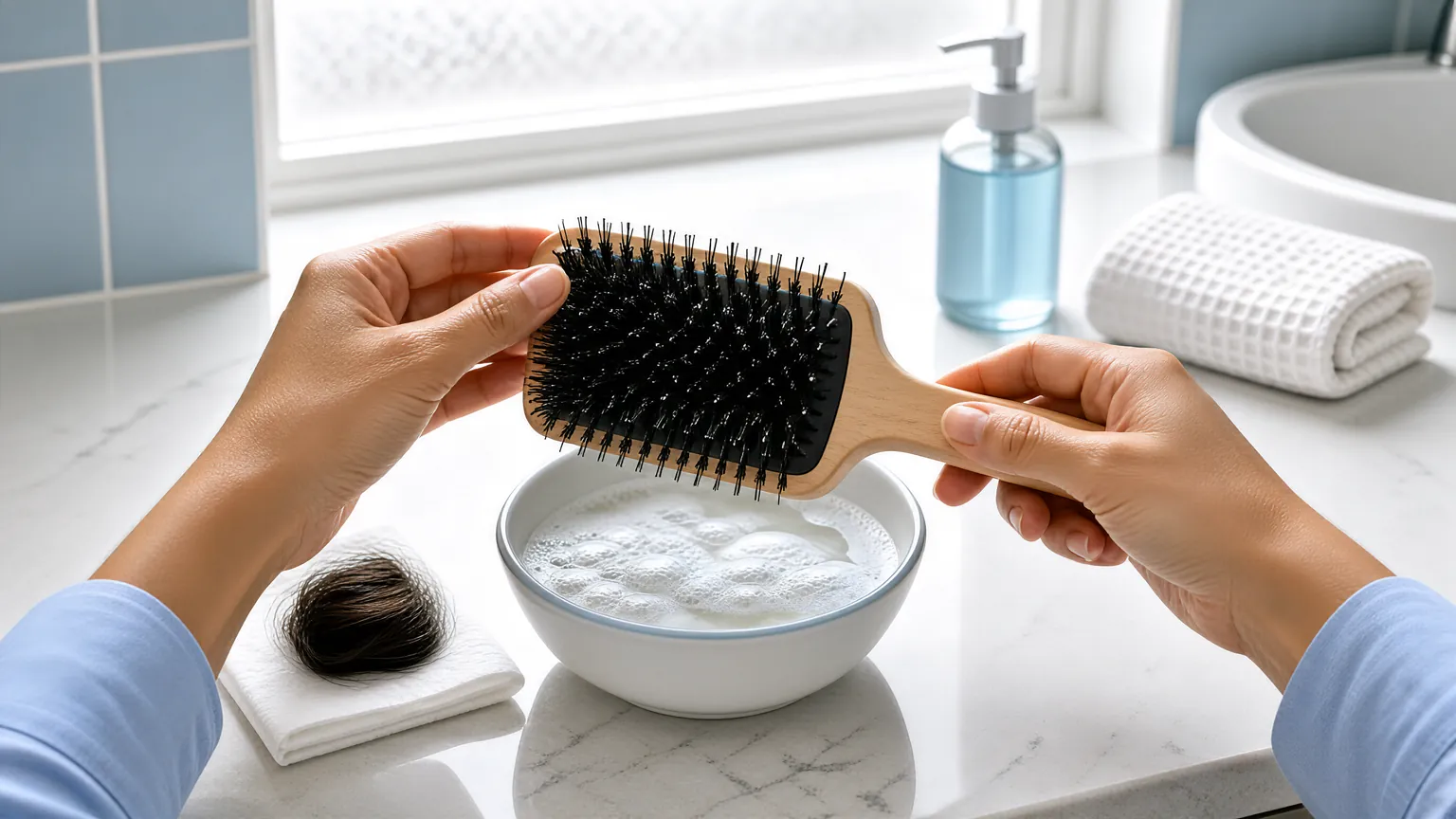 Hands washing a hair brush in a bowl of soapy water
