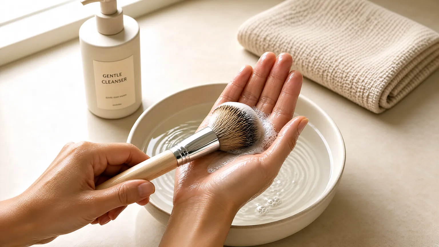 Hands washing a makeup brush with soap while keeping the ferrule dry