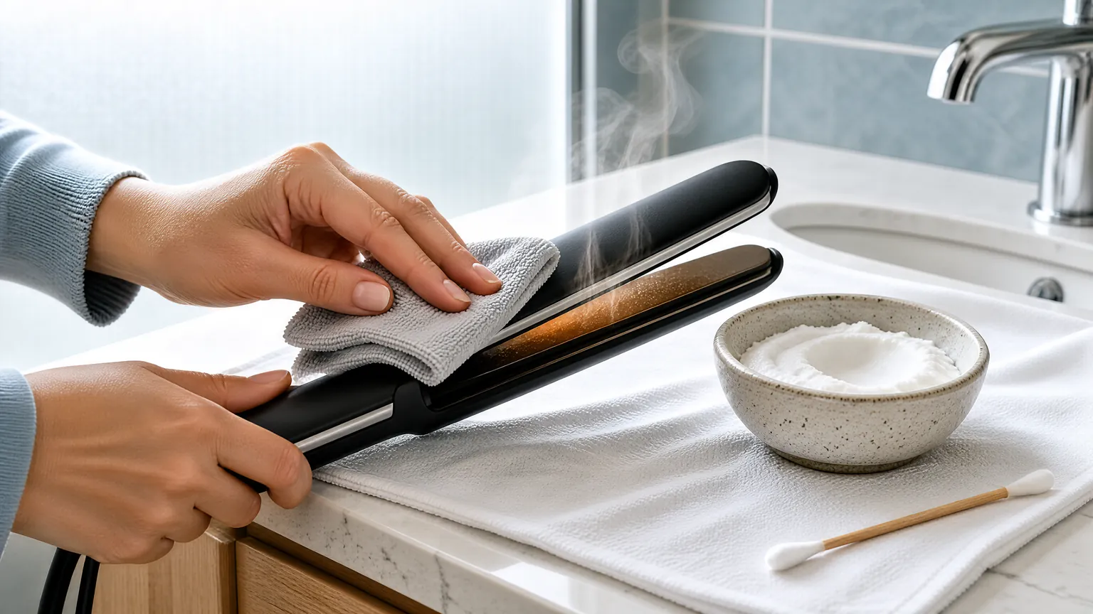 Hands wiping a cooled flat iron plate with a damp cloth