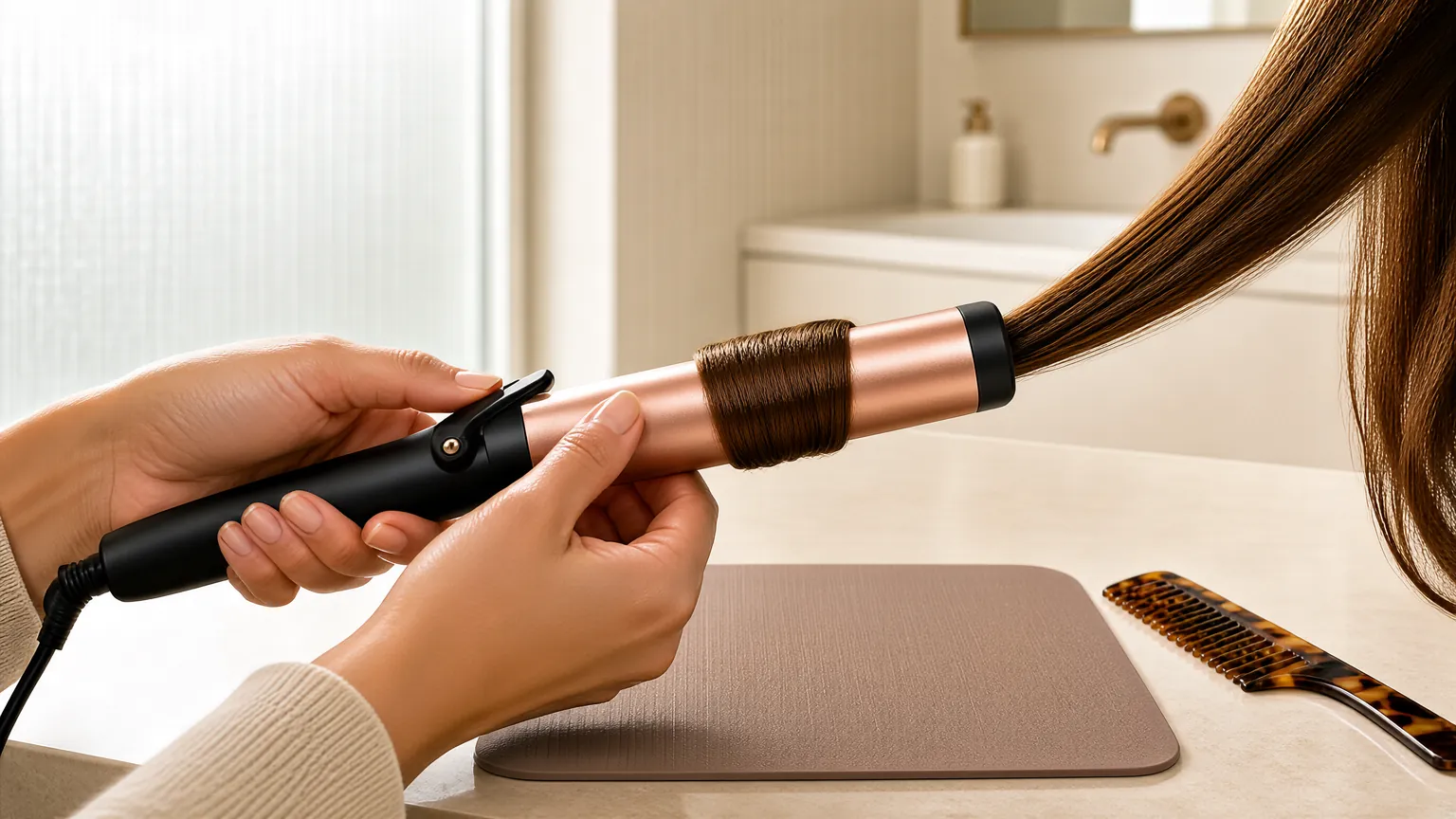 Hands wrapping a small section of dry hair around a curling iron