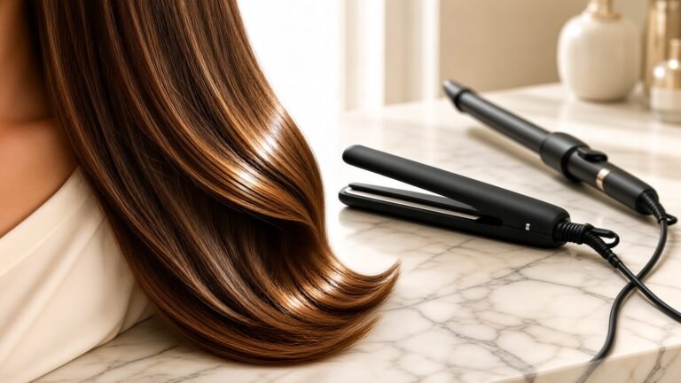 Healthy hair with styling tools on a countertop in soft light