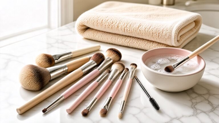 Makeup brushes drying on a bathroom counter after washing