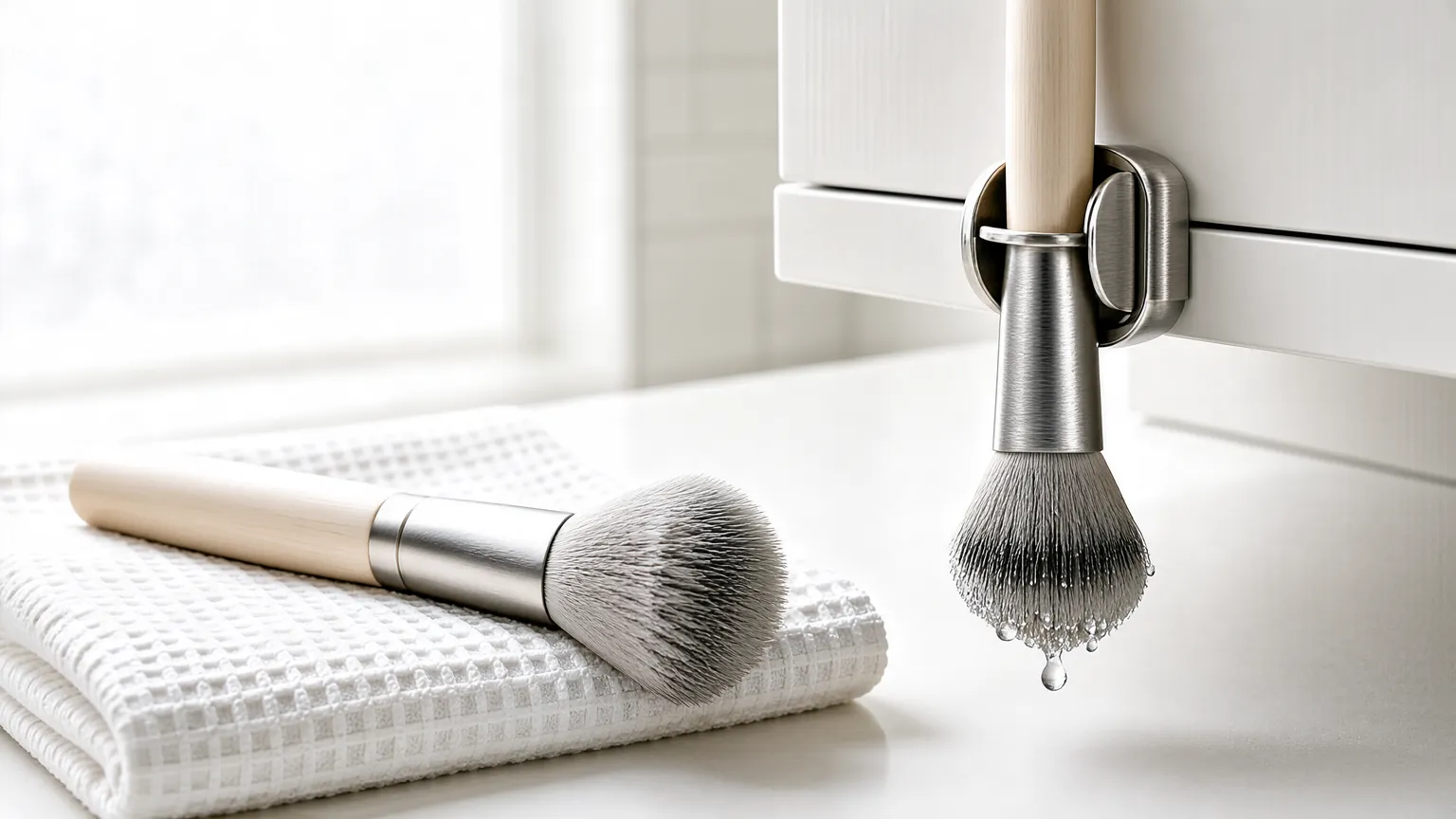 Makeup brushes drying flat on a towel and bristles-down on a rack