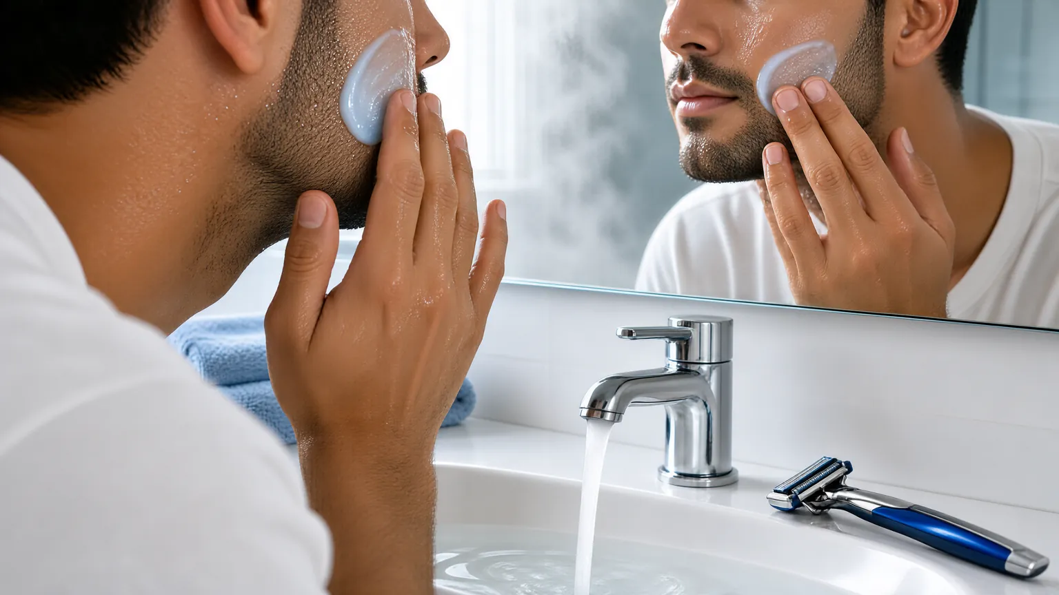 Man applying shave gel before shaving with the grain